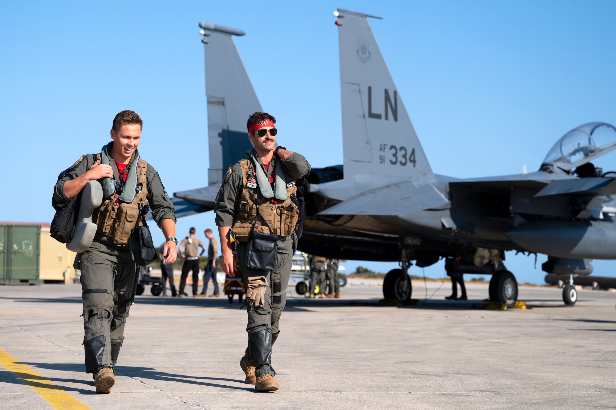 U.S. Air Force F-15E Strike Eagles assigned to the 494th Fighter Squadron, from Royal Air Force Lakenheath, England, prepare to land at Souda Air Base, Greece, July 15, 2022. The two aircraft conducted flight operations from Souda AB to an undisclosed location within the U.S. Central Command area of responsibility, in an effort to exercise cross-combatant command Agile Combat Employment operations. (U.S. Air Force photo by Tech. Sgt. Rachel Maxwell)