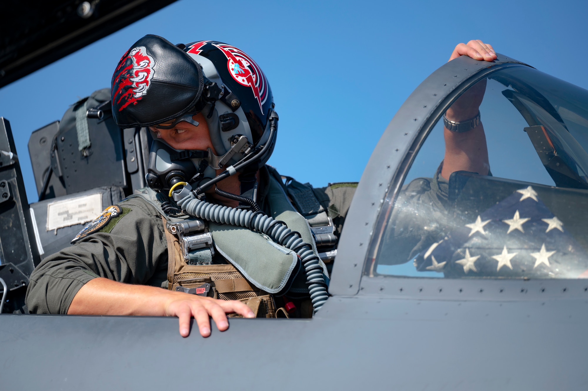 U.S. Air Force Capt. Sean Blye, an F-15E Strike Eagle pilot assigned to the 494th Fighter Squadron, from Royal Air Force Lakenheath, England, conducts pre-flight checks at Souda Air Base, Greece, July 15, 2022. Blye acted as mission flight lead while conducting flight operations from Souda AB to an undisclosed location within the U.S. Central Command area of responsibility, in an effort to exercise cross-combatant command Agile Combat Employment operations. (U.S. Air Force photo by Tech. Sgt. Rachel Maxwell)