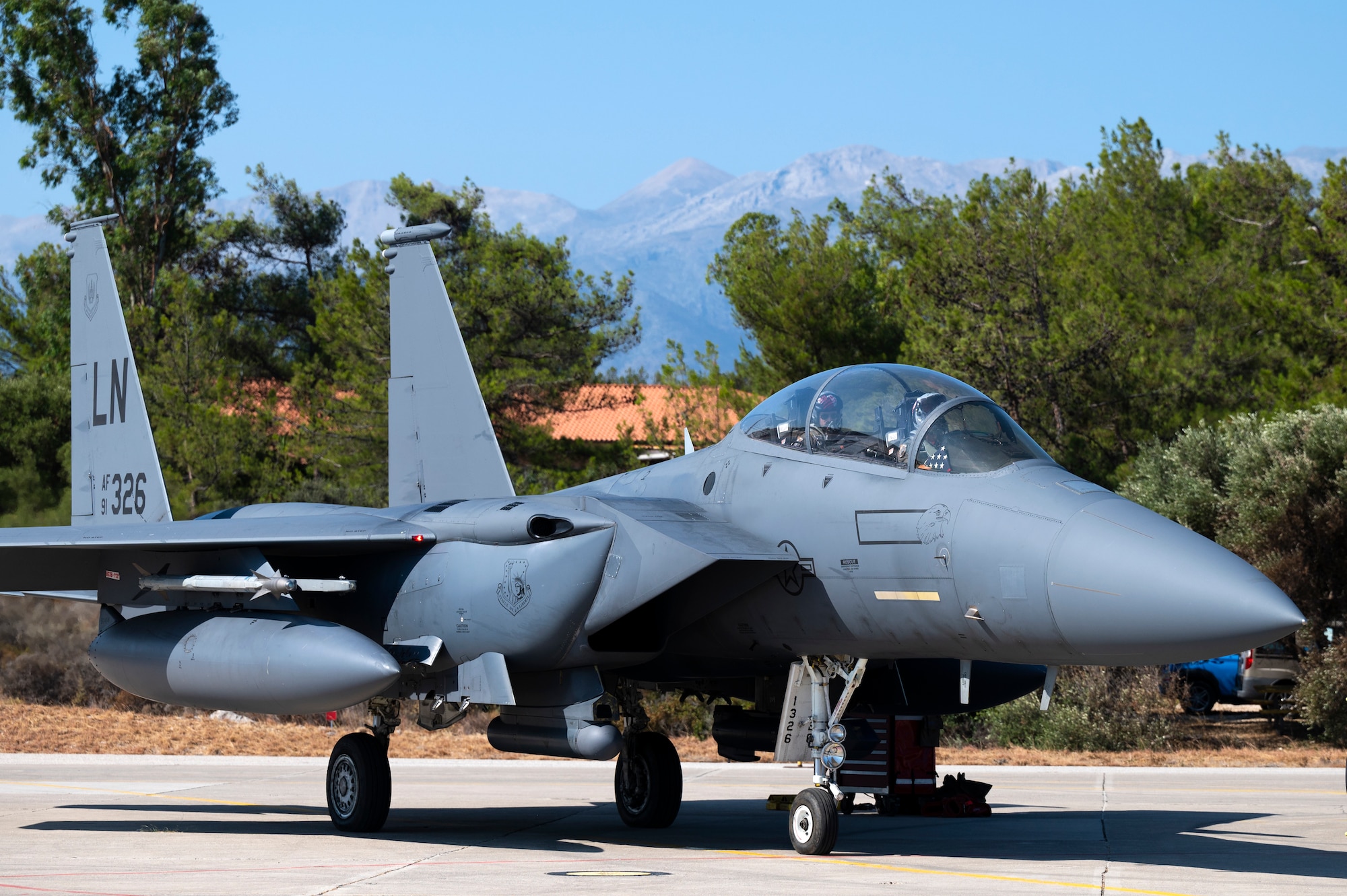 A U.S. Air Force F-15E Strike Eagle assigned to the 494th Fighter Squadron, from Royal Air Force Lakenheath, England, prepares to taxi prior to takeoff at Souda Air Base, Greece, July 15, 2022. The 494 FS flew two Strike Eagles from Souda AB to an undisclosed location within the U.S. Central Command area of responsibility, where the aircraft landed, refueled and returned the same day. (U.S. Air Force photo by Tech. Sgt. Rachel Maxwell)