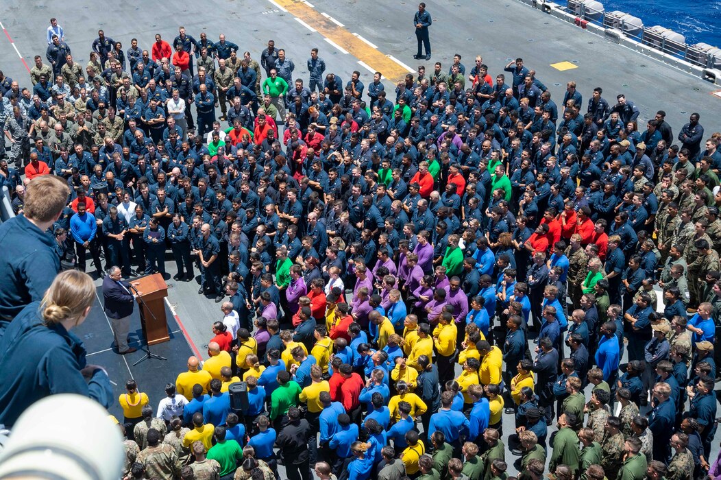 Secretary of the Navy The Honorable Carlos Del Toro speaks to Sailors assigned to the Wasp-class amphibious assault ship USS Essex (LHD 2) at an all hands call aboard Essex during Rim of the Pacific (RIMPAC) 2022.