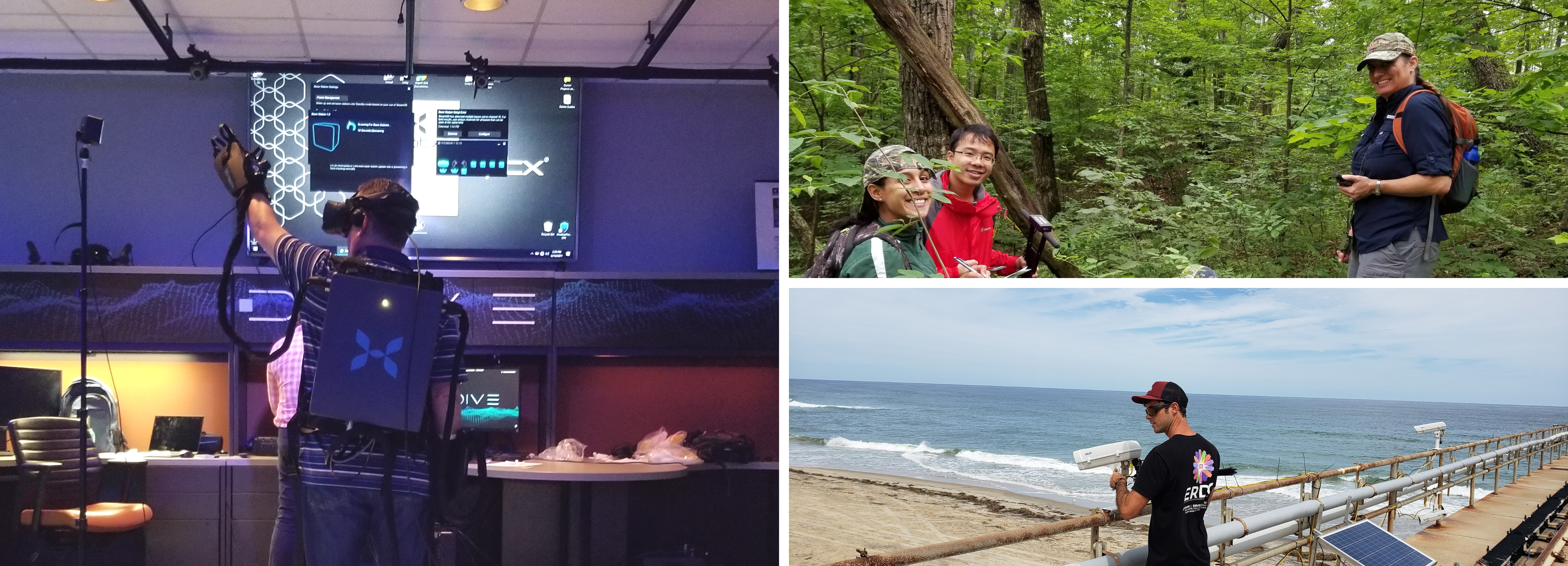 A grid of three images depicting different ERDC locations. On the left is a team member using virtual reality in a laboratory. On the top right are three team members in a green wooded area. On the bottom right is an ERDC employee standing on a pier over the beach.
