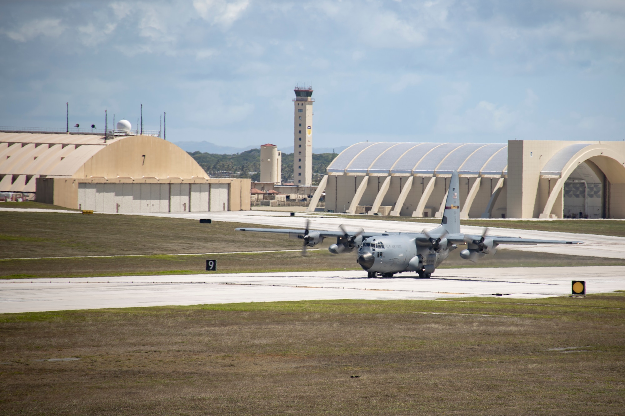 A U.S. Air Force C130 Hercules assigned to Air National Guard, 133rd Airlift Wing, St. Paul, Minnesota, arrives at Andersen Air Force Base, Guam, June 7, 2022. The Air National Guard assisted in transporting a U.S. Marine Corps High-Mobility Artillery Rocket System in support of exercise Valiant Shield 2022.