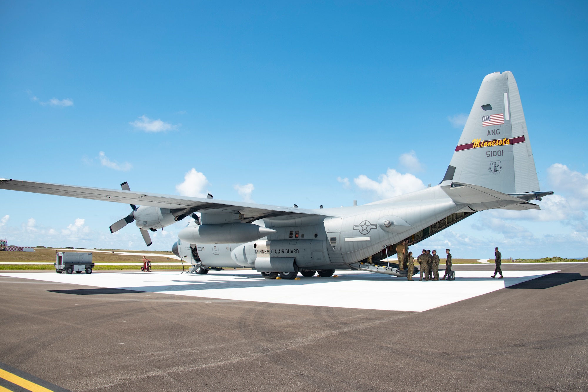 A U.S. Air Force C130 Hercules assigned to Air National Guard, 133rd Airlift Wing, St. Paul, Minnesota, is staged for a U.S. Marine Corps High-Mobility Artillery Rocket System with 5th Battalion, 11th Marine Regiment, 1st Marine Division, onload in support of exercise Valiant Shield 2022 at Andersen Air Force Base, Guam, June 7, 2022.