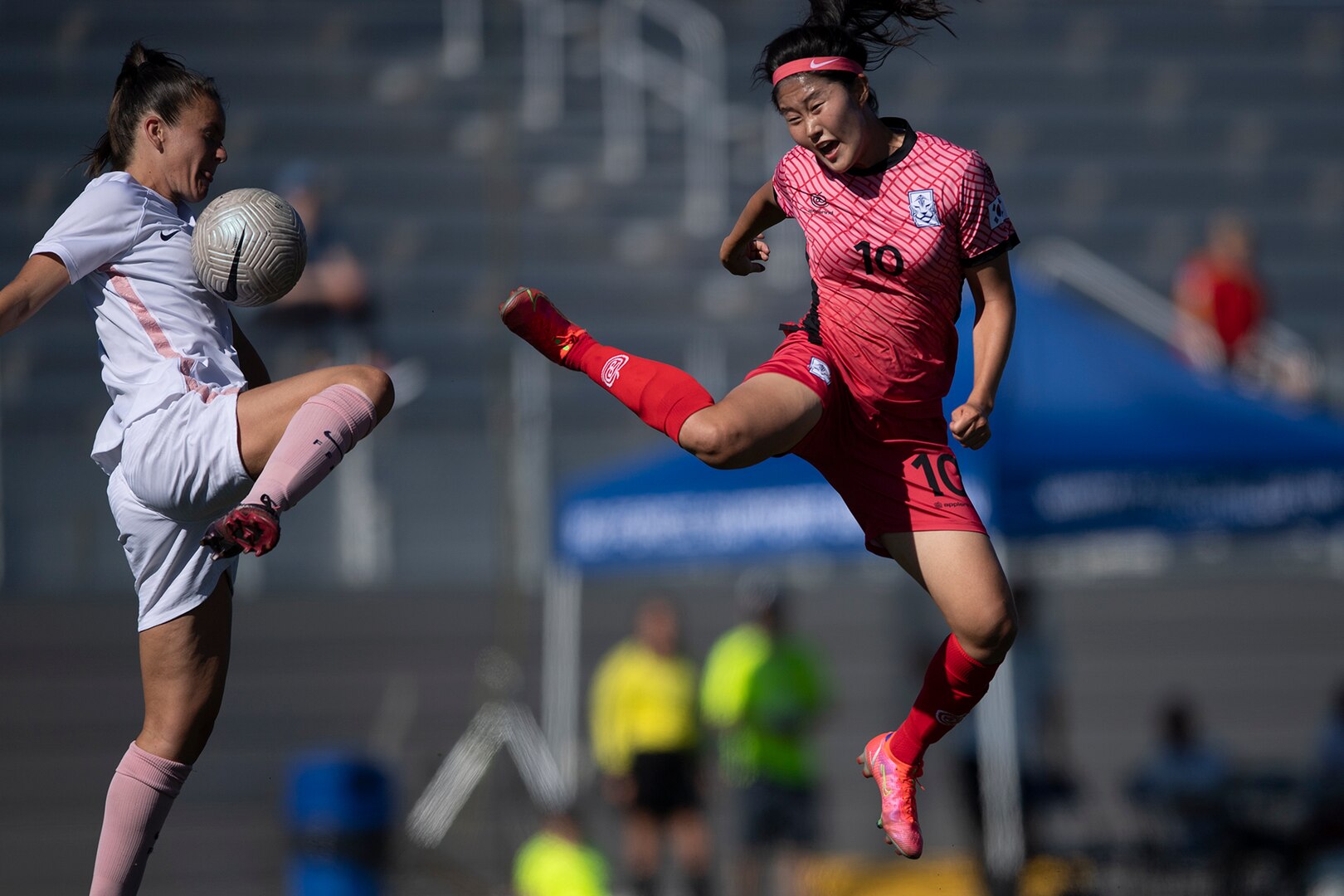 France’s Julie Narichaud blocks a shot by South Korea’s Sangme Ahn during the the 13th CISM (International Military Sports Council) World Military Women’s Football Championship in Meade, Washington July 20, 2022. (DoD photo by EJ Hersom)
