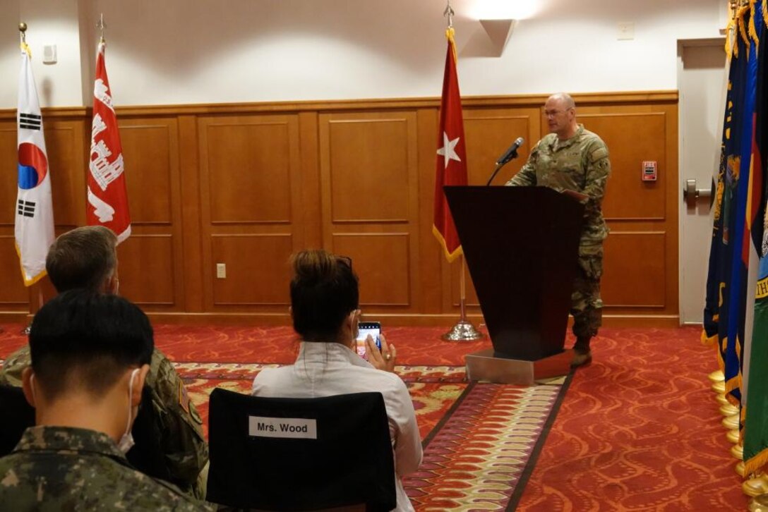 Col. Christopher W. Crary, USACE Far East District (FED) outgoing commander, speaks to family, friends, and guests during the Far East District change of command ceremony held at River Bend Golf Course, USAG Humphreys, Republic of Korea, July 19. Crary served as FED commander for three years, from July 2019 to July 2022, during which the District navigated challenges brought on by the COVID-19 pandemic and executed 218 projects valued at $2.5 billion. (Photo Credit: Susan Lee)