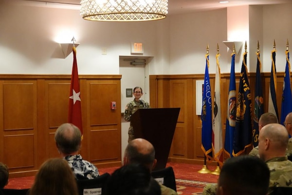 Col. Heather A. Levy, USACE Far East District (FED) commander, speaks to family, friends, and guests during the Far East District change of command ceremony held at River Bend Golf Course, USAG Humphreys, Republic of Korea, July 19. Levy arrived at FED from the Army War College, where she earned a master’s degree in strategic studies, and was recognized as a distinguished graduate. (Photo Credit: Susan Lee)