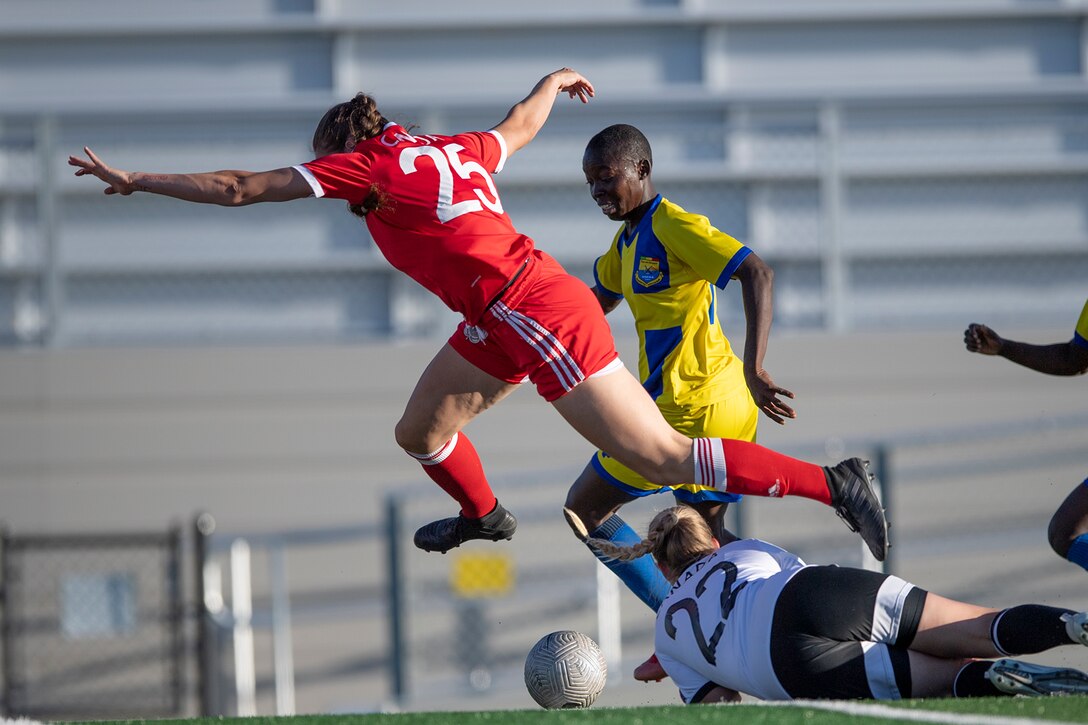 Mali’s Oumou Kone scores her first goal of the game against Team Canada defenders during the 13th CISM (International Military Sports Council) World Military Women’s Football Championship in Meade, Washington July 20, 2022. (DoD photo by EJ Hersom)