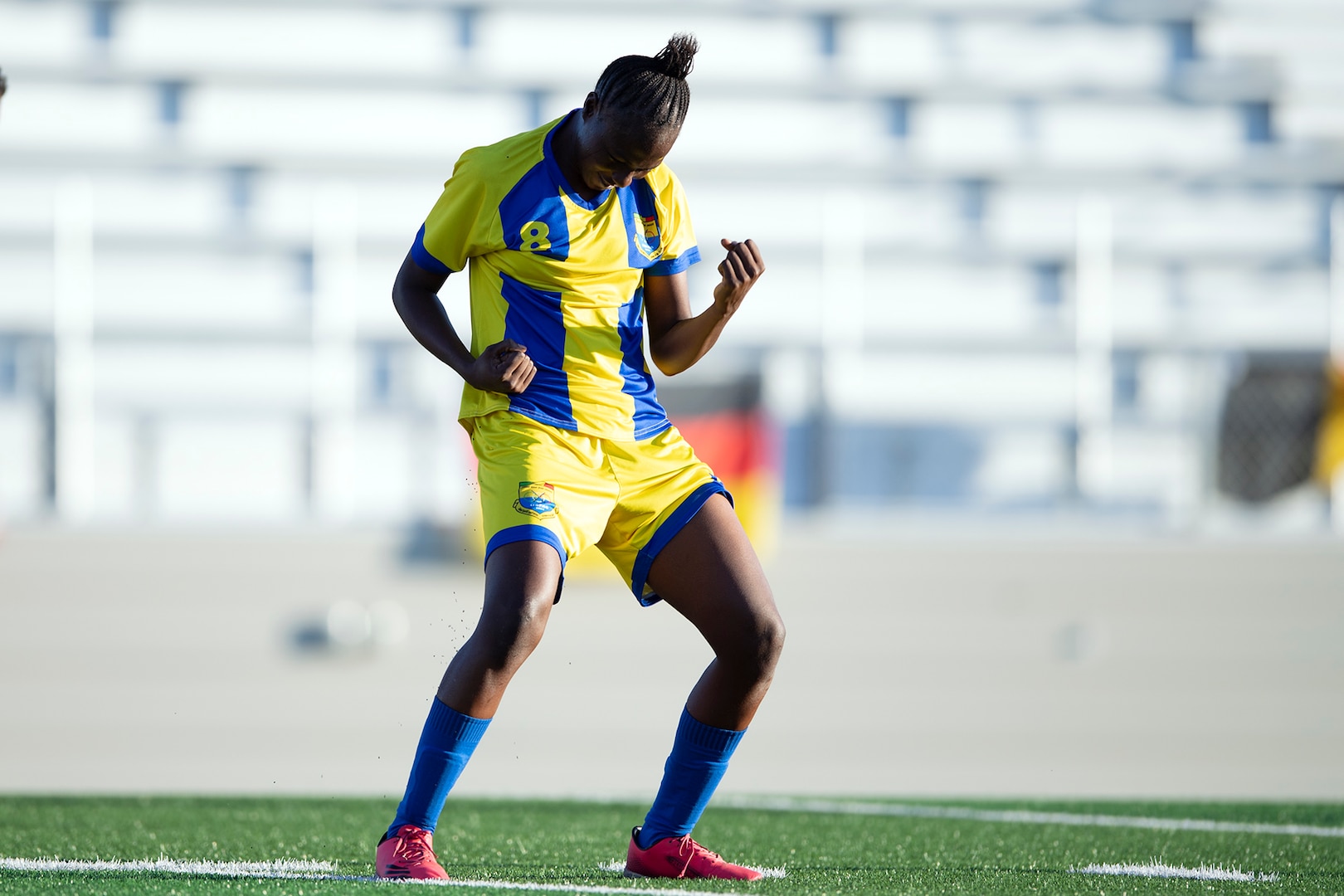 Mali’s Noutenin Bagayogo celebrates her goal against Canada during the 13th CISM (International Military Sports Council) World Military Women’s Football Championship in Meade, Washington July 20, 2022. (DoD photo by EJ Hersom)