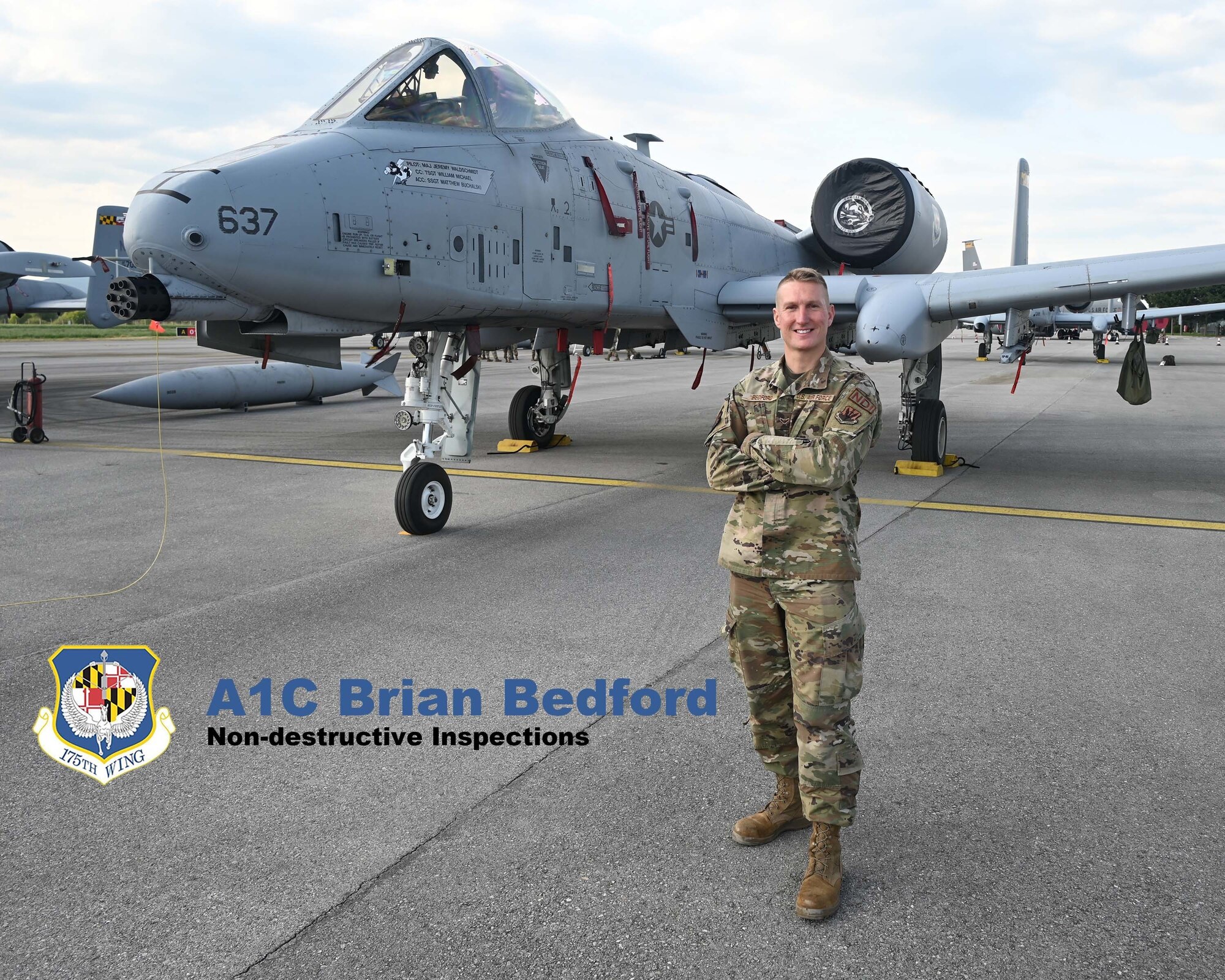 U.S. Air Force Airman 1st Class Brian Bedford, a non-destructive inspections journeyman assigned to the 175th Aircraft Maintenance Squadron, Maryland Air National Guard, poses for a photograph in front of an A-10C Thunderbolt II aircraft during Swift Response at Ohrid St. Paul The Apostle Airport in Ohrid, North Macedonia, May 7, 2022. Swift Response 22 is an annual multinational training exercise, which takes place in Eastern Europe, the Arctic High North, Baltics, and Balkans. (U.S. Air National Guard illustration by Master Sgt. Chris Schepers)