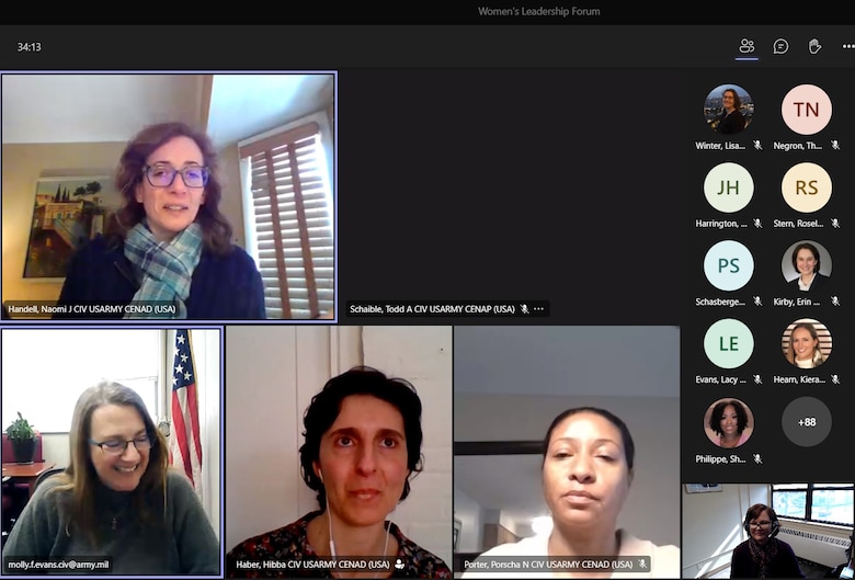 Five members of the Army Women's Leadership Forum are pictured in a screenshot of a virtual meeting on Microsoft Teams.