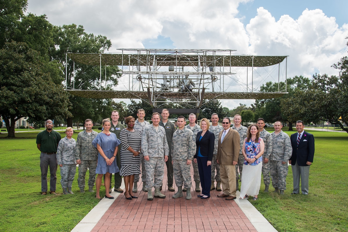 Group Photo of the directors and instructors of the Eaker Center's inaugural Leadership Develpoment Course for Squadron Commanders at the Wright Flyer