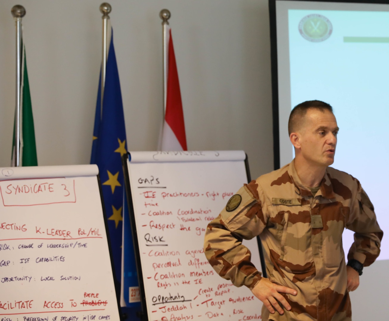 French Air Force Brig. Gen. Vincent Coste gives closing remarks at a defense attaché forum July 19, 2022. The defense attaché forum brought together defense attachés from several Global Coalition countries as well as representatives from CJTF-OIR and interagency partners to discuss topics including the need for increased repatriation and reintegration of displaced persons in northeast Syria to reduce ISIS influence in those vulnerable populations; the threat of ISIS members in detention centers operated by Syrian Democratic Forces in northeast Syria; and the need for greater international action to address these ongoing security and humanitarian challenges. (U.S. Army photo by Sgt. Brian Reed)