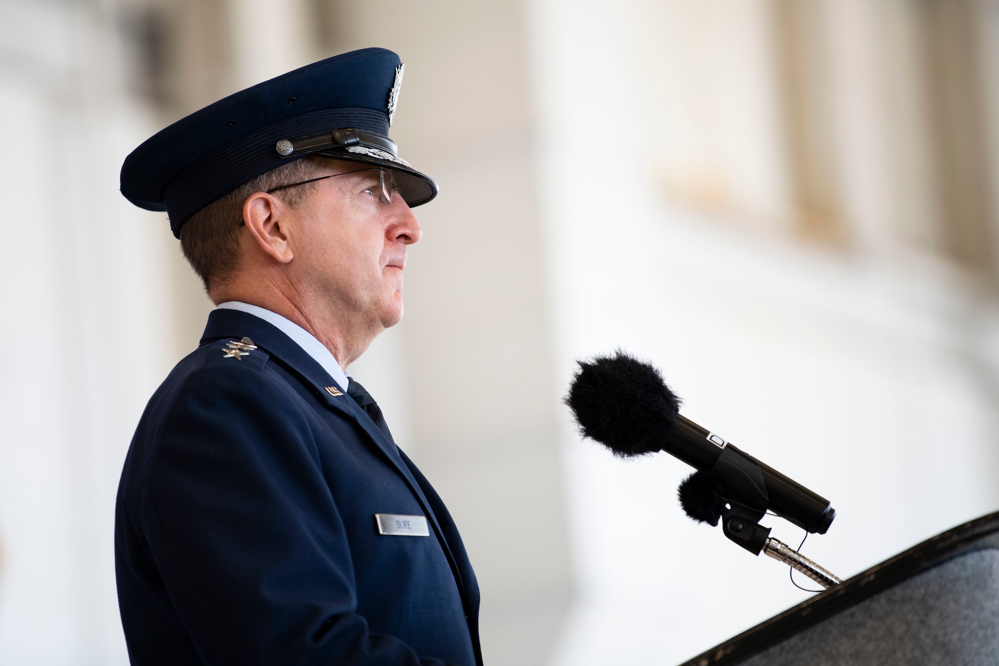U.S. Air Force Lt. Gen. Jim Slife, commander of Air Force Special Operations Command, delivers a speech during the 1st Special Operations Wing change of command ceremony at Hurlburt Field, Florida, July 21, 2022