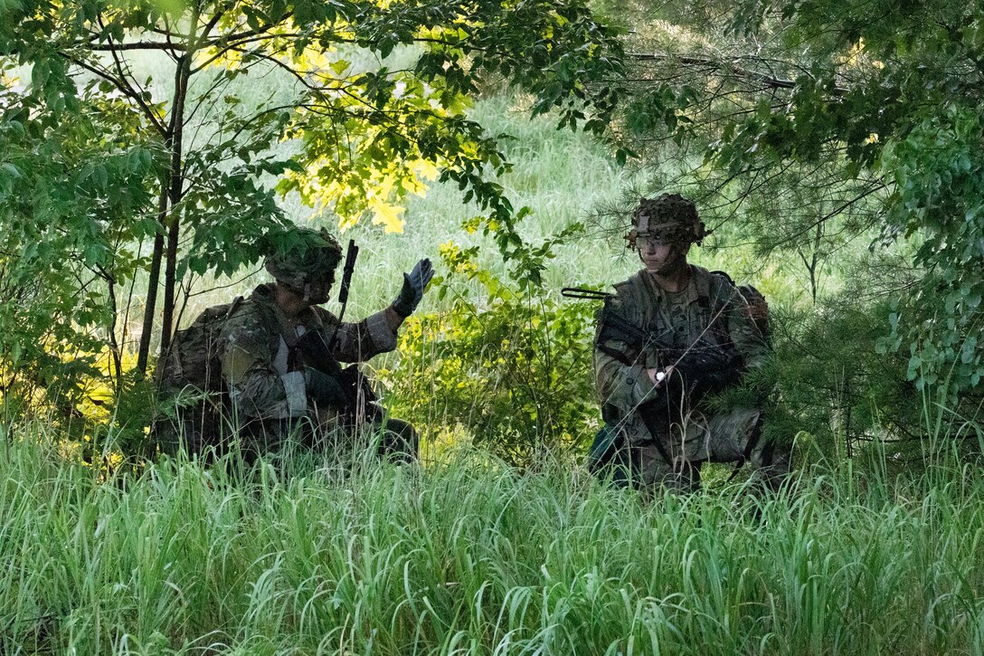 Two soldiers stand in the woods.