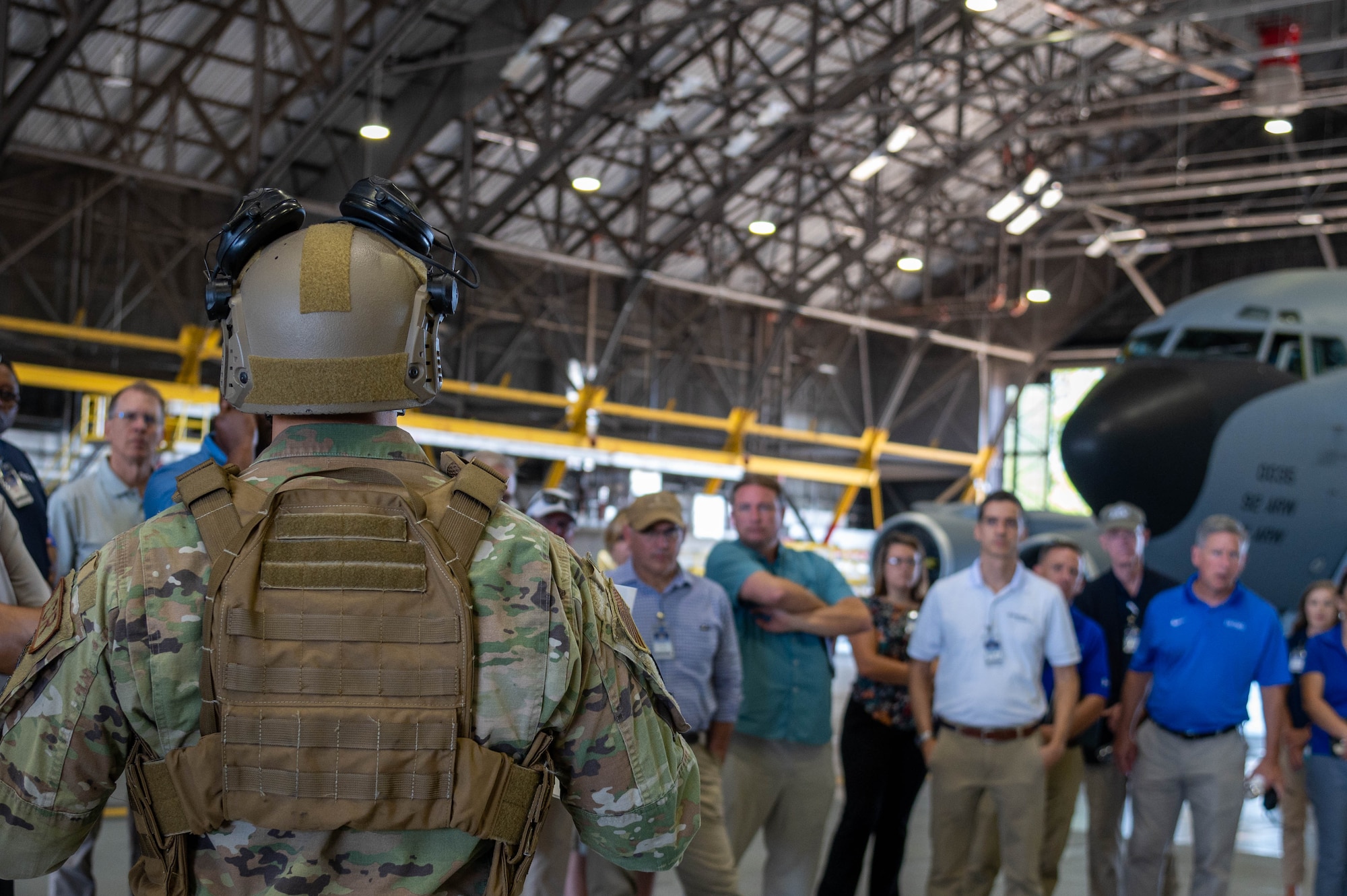 Military member speaks to civilian representatives at an industry event on Scott Air Force Base Illinois, July 13, 2022.