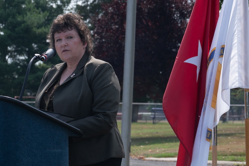 Brenda Lee McCullough, U.S. Army Installation Management Readiness director, addresses the audience during a change of command ceremony on July, 21, 2022, at Joint Base McGuire-Dix-Lakehurst. The change of command ceremony is a tradition where the outgoing commander symbolically relinquishes responsibility and authority by passing the colors to the incoming commander, thus beginning a new dawn of leadership for the incoming commander and his or her soldiers and civilians.