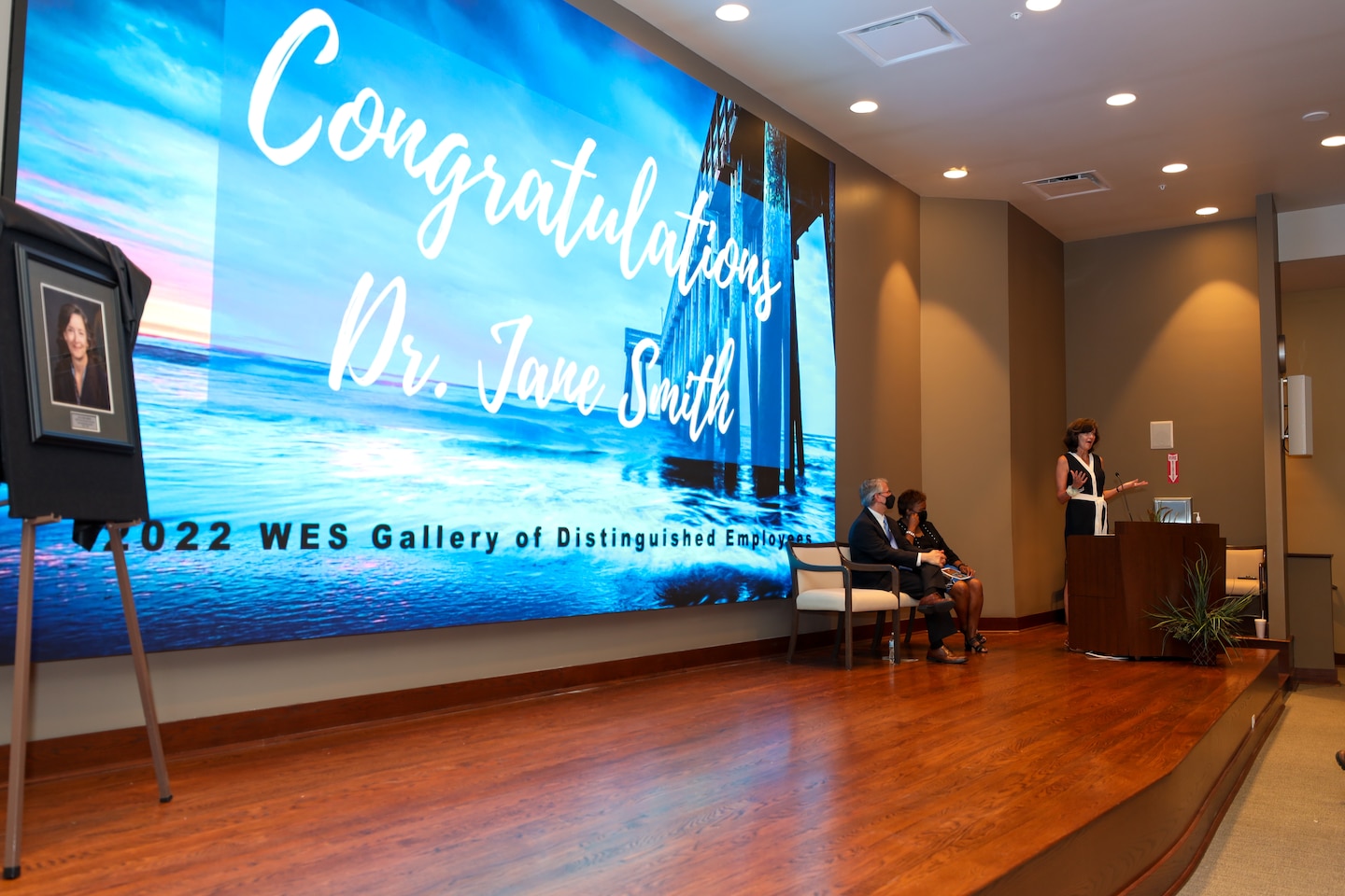 Dr. Jane McKee Smith addresses attendees during her induction ceremony into the Waterways Experiment Station (WES) Gallery of Distinguished Employees held at the U.S. Army Engineer Research and Development Center’s (ERDC) main headquarters in Vicksburg, Mississippi, July 20, 2022. Smith joins more than 100 former WES employees whose significant career achievements left a lasting impression on both the ERDC and the nation. (U.S. Army Corps of Engineers photo by Khary Ratliff)