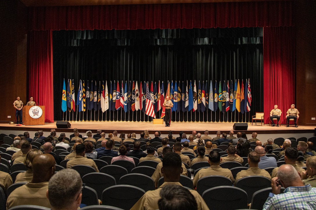 The Commandant of the Marine Corps Gen. David H. Berger delivers  remarks during the Marine Corps Recruiting Command change of command ceremony at Marine Corps Base Quantico, Va., on July 21, 2022. Major Gen. Bohm served from July 2020 to July 2022 and is assuming command as the inspector general for the Marine Corps. (U.S. Marine Corps photo by Lance Cpl. Gustavo Romero)