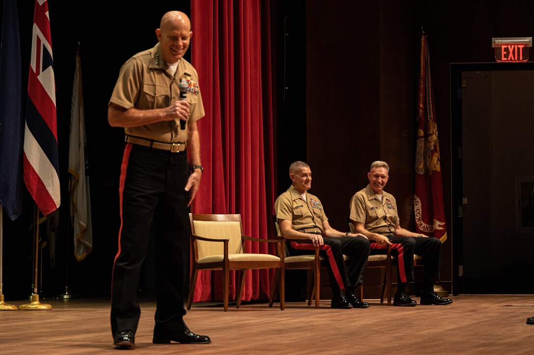 The Commandant of the Marine Corps  Gen. David H. Berger delivers his remarks during the Marine Corps Recruiting Command Change of Command Ceremony  at Marine Corps Base Quantico, Va., on July 21, 2022. Major General Bohm served as the commanding general of MCRC from July 2020 to July 2022 and will soon assume command as the Inspector General for the Marine Corps. (U.S. Marine Corps photo by Lance Cpl. Gustavo Romero)