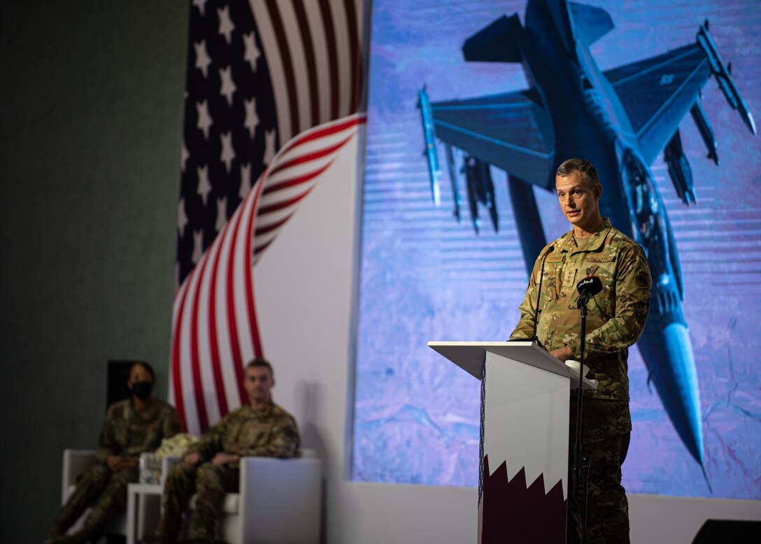 U.S. Air Force Lt. Gen. Alexus G. Grynkewich, incoming Ninth Air Force (Air Forces Central) commander, delivers a commemorative speech during a change of command ceremony at Al Udeid Air Base, Qatar, July 21, 2022. Grynkewich will serve as the commander of AFCENT and the combined forces air component, working closely with coalition, joint, and interagency partners to lead a combined force that delivers decisive airpower and promotes security throughout U.S. Central Command’s 21-nation area of responsibility. (U.S. Air Force photo by Staff Sgt. Draeke Layman)