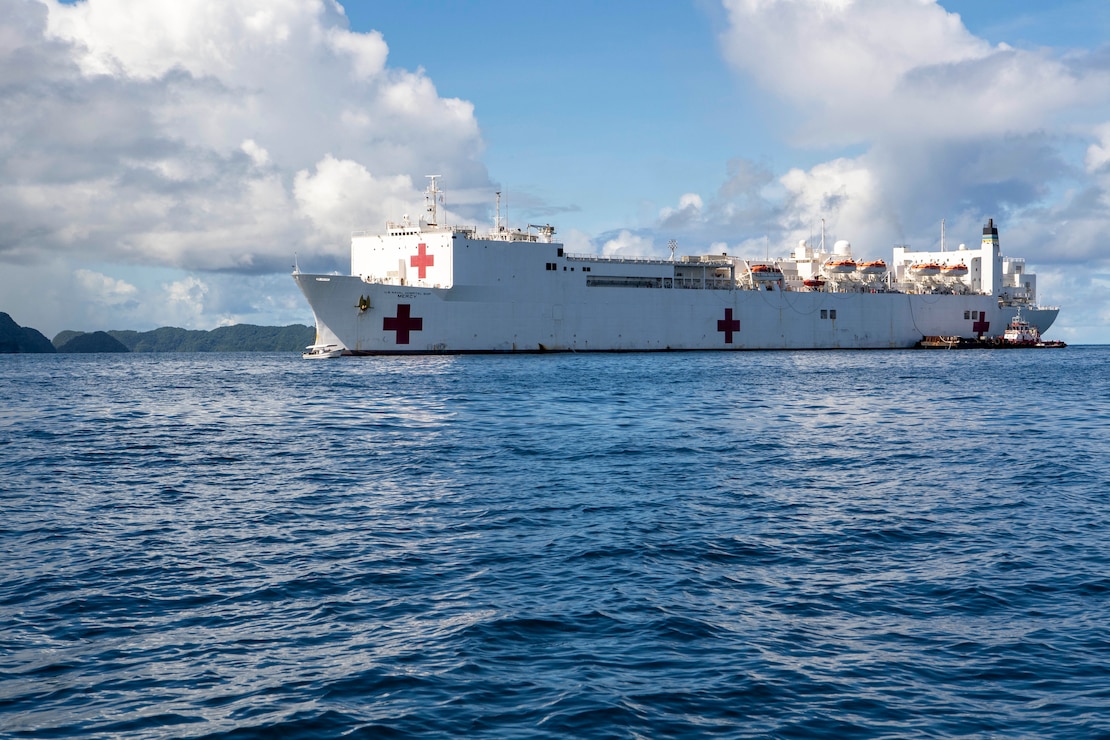 The Military Sealift Command hospital ship USNS Mercy (T-AH 19) sits at anchor upon its arrival off the coast of Koror, Palau during Pacific Partnership 2022.