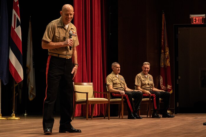The Commandant of the Marine Corps Gen. David H. Berger delivers his remarks during the Marine Corps Recruiting Command Change of Command Ceremony at Marine Corps Base Quantico, Va., on July 21, 2022. Major General Bohm served as the commanding general of MCRC from July 2020 to July 2022 and will soon assume command as the Inspector General for the Marine Corps.