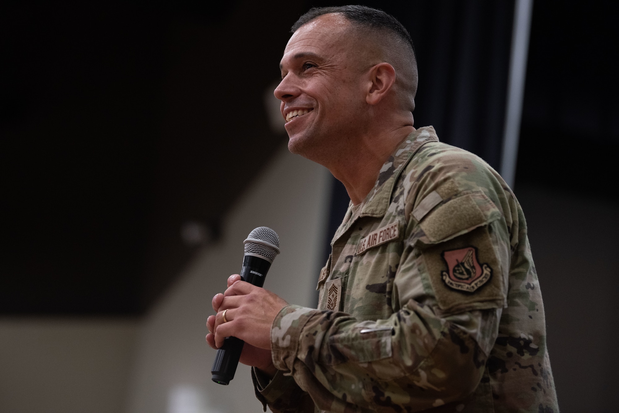 Chief Master Sgt. John Alsvig, 51st Fighter Wing command chief, gives a speech during a technical sergeant promotion release ceremony at Osan Air Base, Republic of Korea, July 21, 2022.