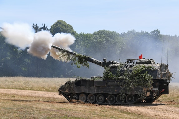 Led by 56th Artillery Command, and directed by U.S. Army Europe and Africa, exercise Dynamic Front is the premier U.S. led NATO Allied and Partner integrated fires exercise in the European Theater focusing on fires interoperability and increasing readiness, lethality and interoperability across the human, procedural, and technical domains.

Here we see German soldiers with 4th Battery, 131st Artillery Battalion, carry out a fire mission with self propelled howitzers at the 7th Army Training Command's Grafenwoehr Training Area, Germany, July 18, 2022.