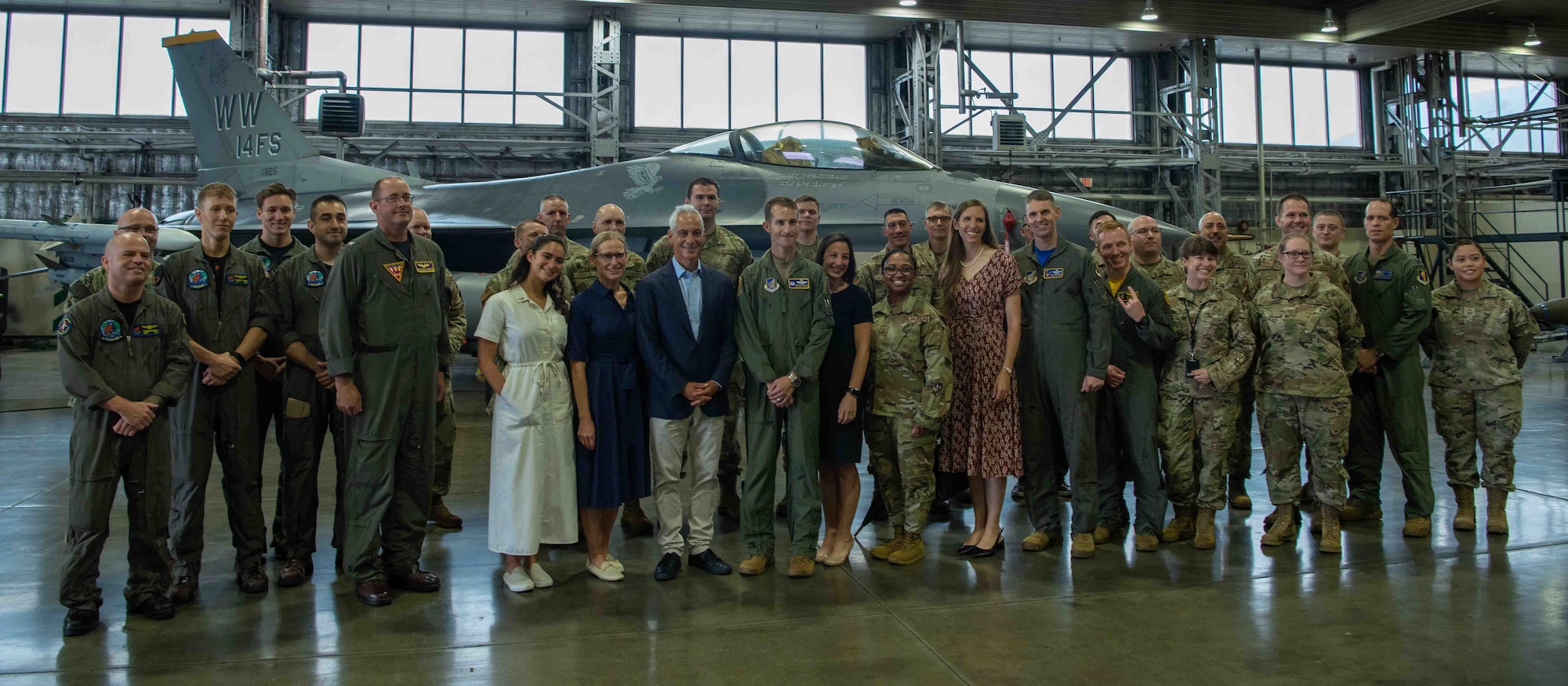 Rahm Emanuel, U.S. Ambassador to Japan, poses for a photo with Misawa leadership and service members during the ambassador’s visit at Misawa Air Base, Japan, July 22, 2022.