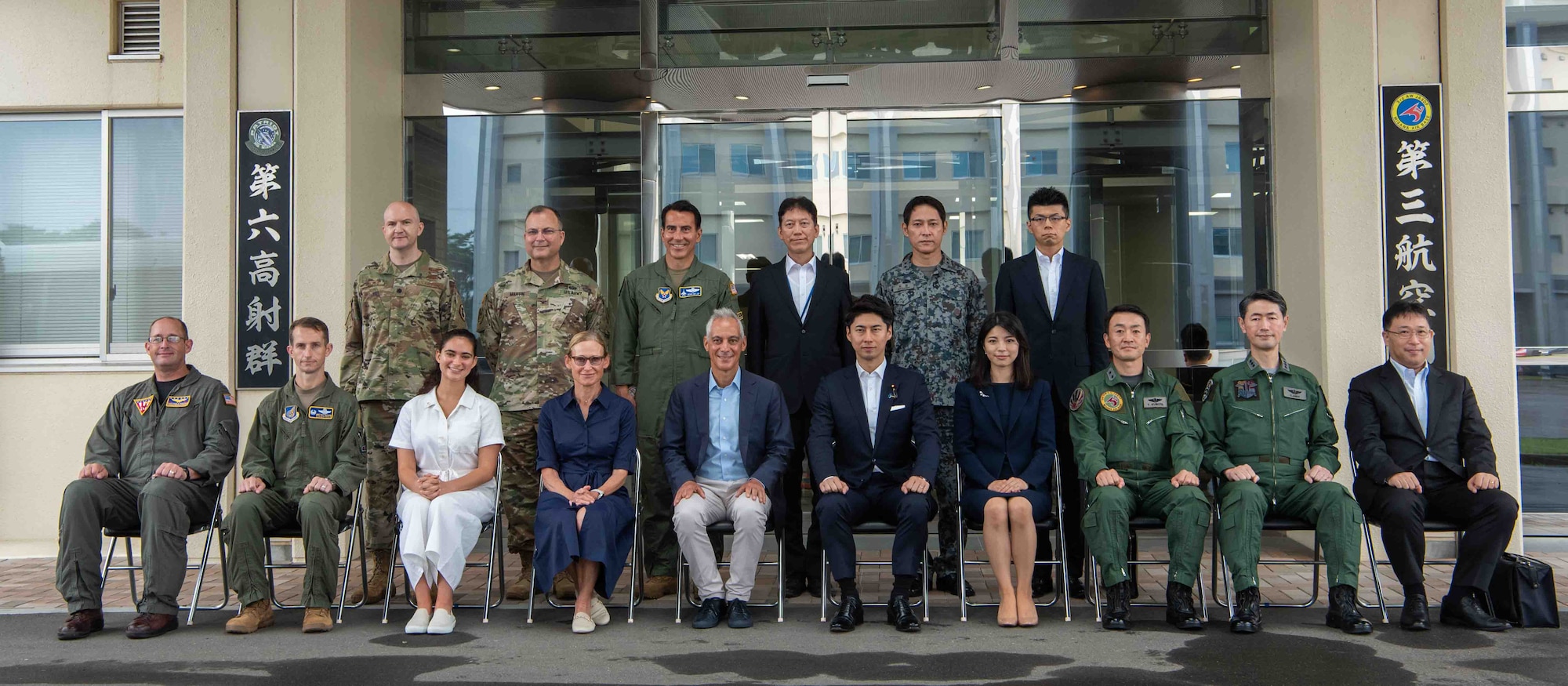 Rahm Emanuel, U.S. Ambassador to Japan, poses for a photo with local leadership during the ambassador’s visit at Misawa Air Base, Japan, July 22, 2022.