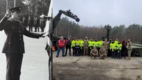 Marcel Hamers (eighth from the left) and his ground support equipment maintenance team at Zutendaal Army Prepositioned Stocks-2 worksite, pose for a photo in front of a portion of an APS-2 Multi-Role Bridge Company equipment set at the worksite with the commanding generals of U.S. Army Materiel Command and U.S. Army Sustainment Command as well as the commander of the 405th Army Field Support Brigade. Hamers is also a Royal Netherlands Air Force veteran of 20 years. (Courtesy photo)