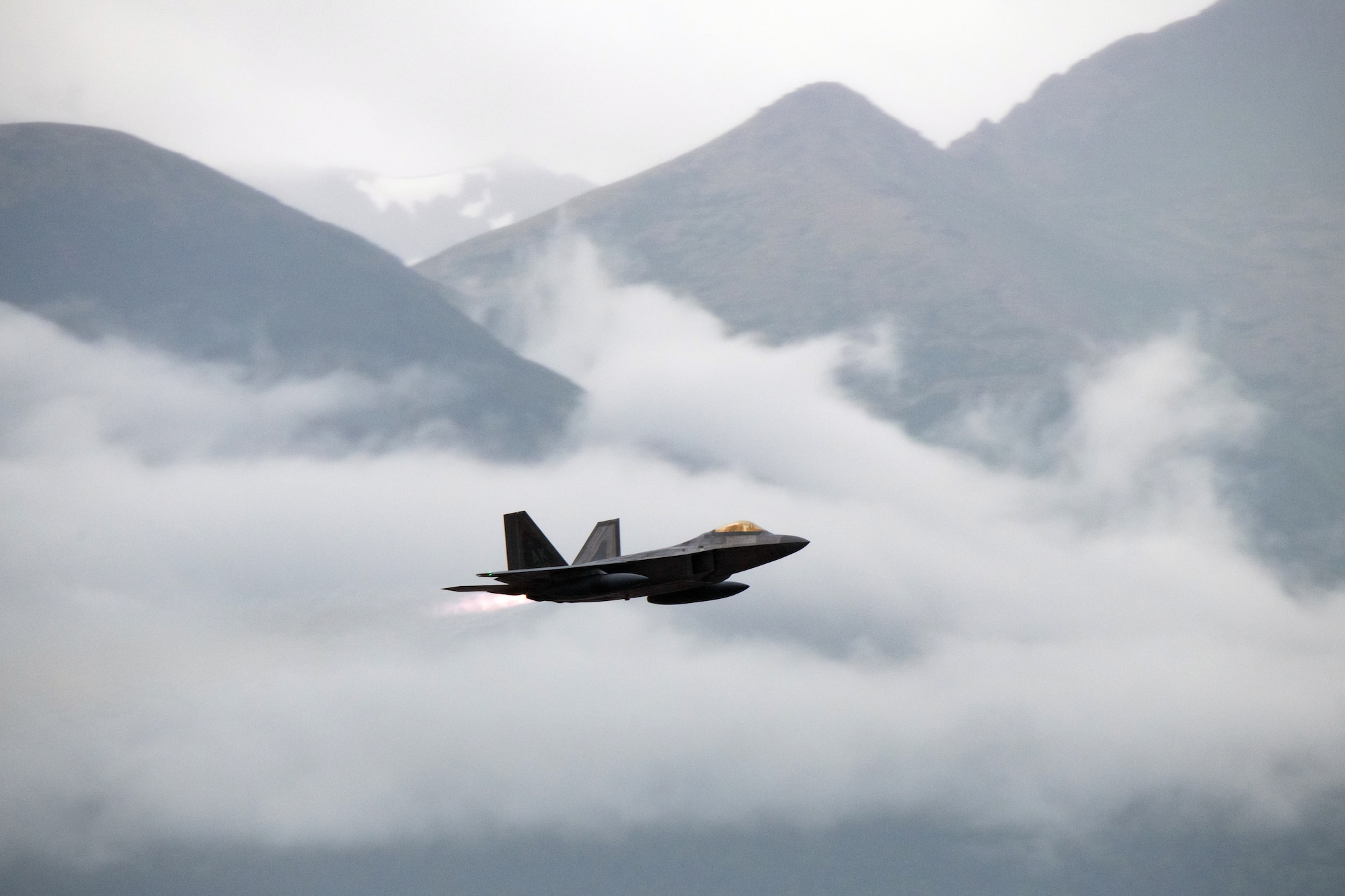 A U.S. Air Force F-22 Raptor assigned to the 3rd Wing conducts a training sortie