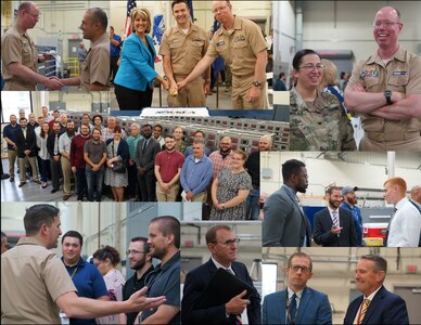 NSWC Crane holds ribbon cutting for Navy submarine testing facility, celebrates 25 years of submarine support. Collage of photos.