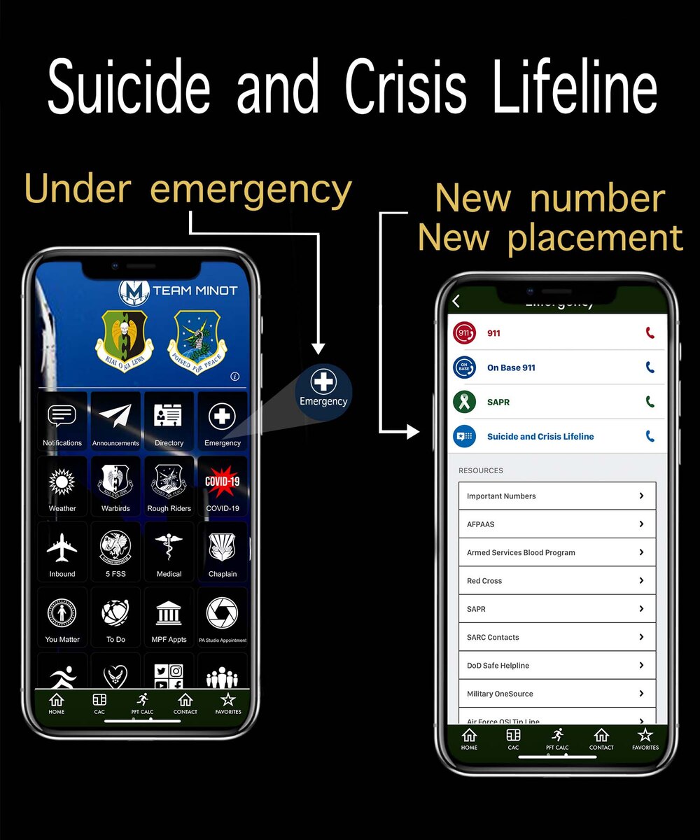 Suicide and Crisis Lifeline | New number and new placement If you're ever in need of someone to talk to, then reach out to the Suicide and Crisis Lifeline. The new emergency number serves as a universal entry point so that you can easily access 24/7 emotional support. To find the new Suicide and Crisis Lifeline phone number go to team Minot on the AF connect app, click the emergency tab and the phone number will be the last number on the top list of the main emergency numbers. For Veterans and service members, dial 988 and then press 1 to be connected to the Veterans Crisis Line. For active-duty personnel (VeteransCrisisLine.net/ActiveDuty.aspx), the Veterans Crisis Line is available:-In Europe, call 00800 1273 8255 or DSN 118.-In Korea, call 0808 555 118 or DSN 118.-In Afghanistan, call 00 1 800 273 8255 or DSN 111.To learn more visit988lifeline.org