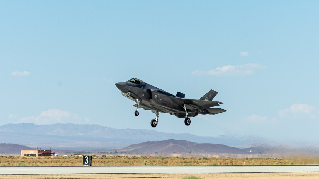 An F-35 Lightning II from the 461st Flight Test Squadron, 412th Test Wing, takes off from Edwards Air Force Base, California, to conduct a flyover to kick off the 2022 MLB All-Star Game at Dodger Stadium in Los Angeles, July 19. (Air Force photo by Josh McClanahan)