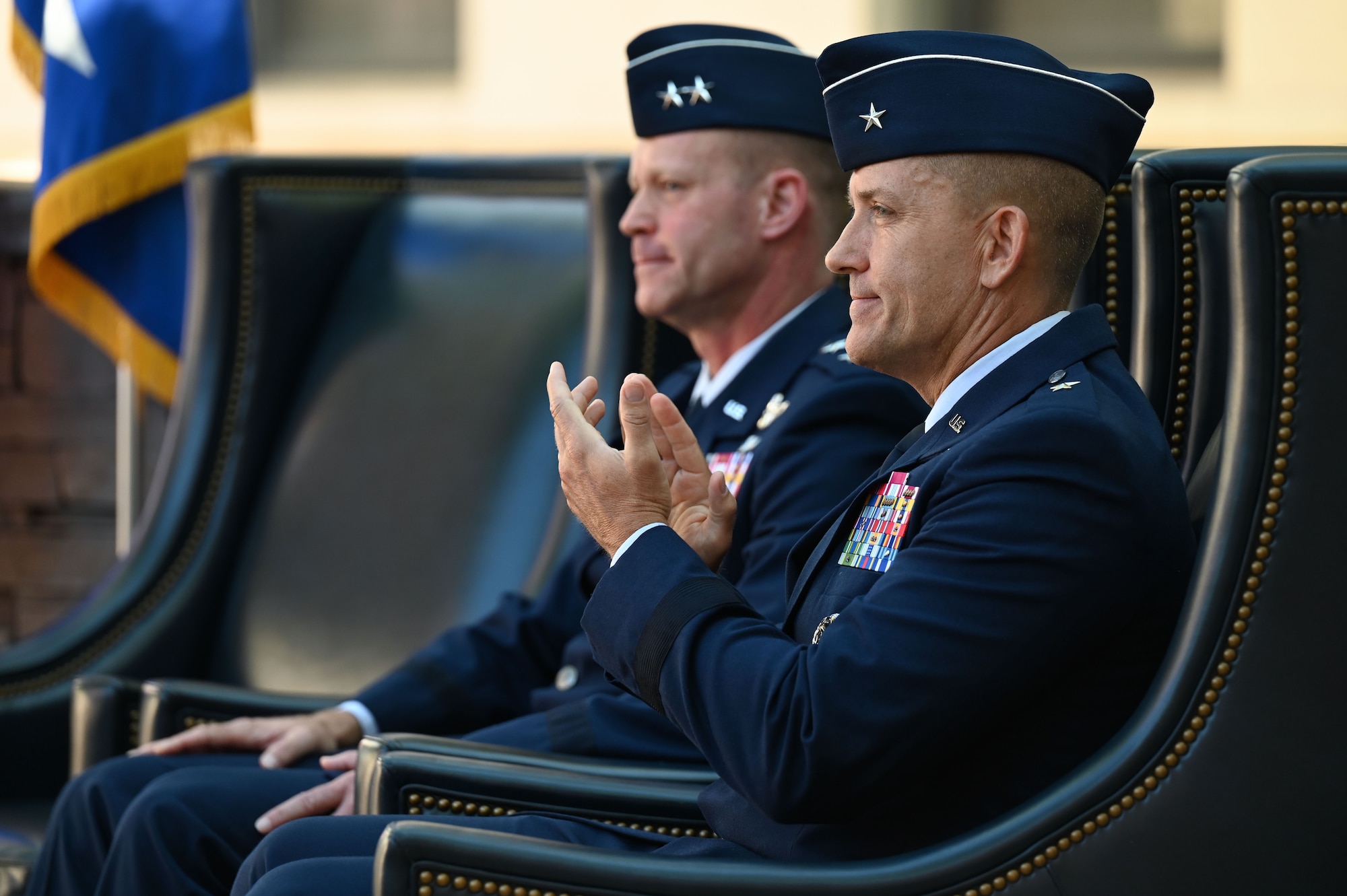 Brig. Gen Michael T. Rawls, Air Force Operational Test and Evaluation Center (AFOTEC) received command from the outgoing commander, Maj. Gen. James R. Sears Jr. during the AFOTEC change of command ceremony at Kirtland Air Force Base, N.M., July 19, 2022. Rawls  (U.S. Air Force photo by Airman 1st Class Karissa Dick)