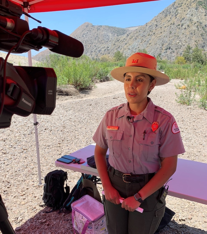 U.S. Army Corps of Engineers Los Angeles District Park Ranger Annel Monsalvo provides safety tips for safe hiking along the San Gabriel River hiking trails May 31 in Azusa California.