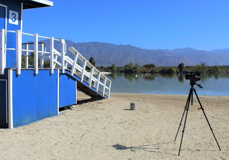 U.S. Army Corps of Engineers Los Angeles District public affairs set up lights, camera, audio equipment in preparation for a joint-video production at the Santa Fe Dam Recreational Park May 31 in LA County.