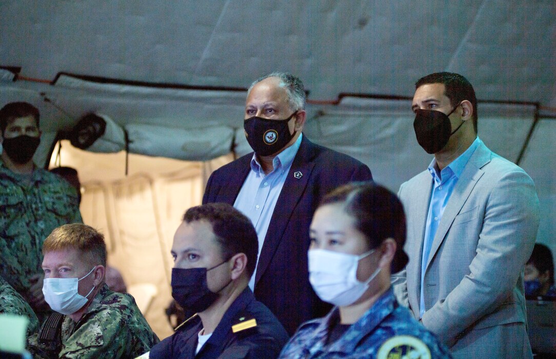 Secretary of the Navy Carlos Del Toro observes training between U.S. Navy First Naval Construction Regiment and partner nations during a Rim of the Pacific (RIMPAC) 2022 humanitarian assistance disaster relief scenario.