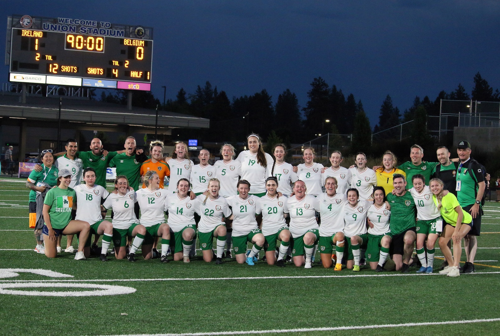 Ireland celebrates their first CISM Women's Football victory with a 1-0 win over Belgium,.  The 13th Conseil International du Sport Militaire (CISM) World Women's Military Football Championship hosted by Fairchild Air Force Base in Spokane, Washingon, is Ireland's first CISM Women's Football competition.  This year's championship features teams from the United States, Belgium, Cameroon, Canada, France, Germany, Ireland, Mali, Netherlands, and South Korea.  (Department of Defense Photo by Mr. Steven Dinote, released).