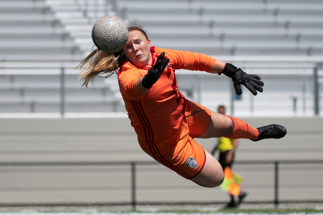 U.S. Air Force Lt. Hiddink makes a save in the bronze medal match against Korea during the 13th CISM (International Military Sports Council) World Military Women’s Football Championship in Spokane, Washington July 20, 2022. (DoD photo by EJ Hersom)