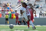 U.S. Army Capt. Torri Allen runs for a ball during the bronze medal match against South Korea in the 13th CISM (International Military Sports Council) World Military Women’s Football Championship in Spokane, Washington July 22, 2022. (DoD photo by EJ Hersom)