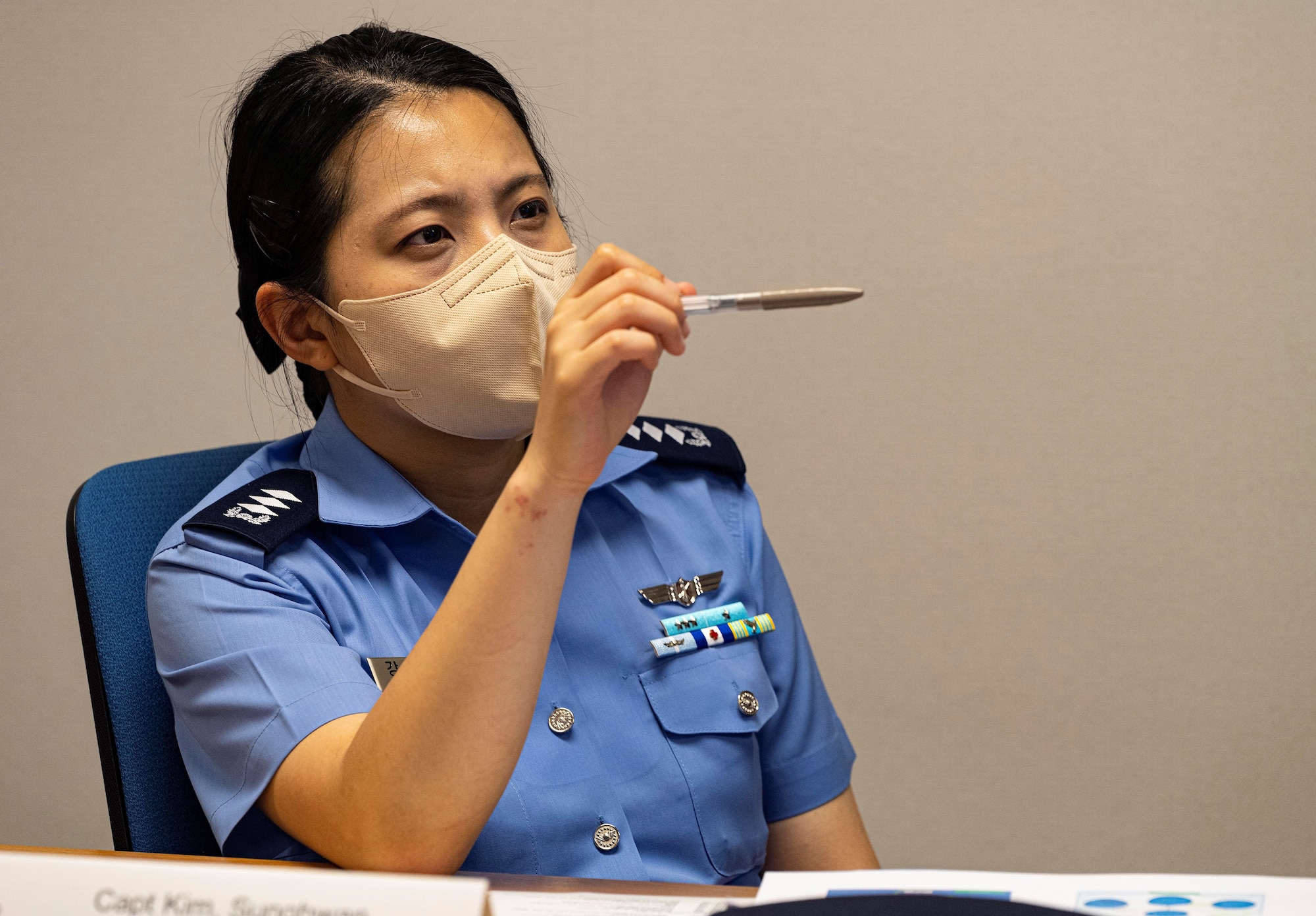 Republic of Korea Air Force Capt. Sora Kang, Air Missile Defense Command Center (AMDC) missile control officer, speaks during the third annual Korea Table Top Academy (KTTA) at Hickam Air Force Base, Hawaii, July 11, 2022. KTTA is a bilateral Pacific Integrated Air and Missile Defense Center academic event involving Republic of Korea (ROK) and the United States and is established as a venue for open collaboration, exchange of views and regional IAMD operations at a classified relationship-level to the U.S. and R.O.K. (U.S. Air Force photo by Tech. Sgt. Nick Wilson)