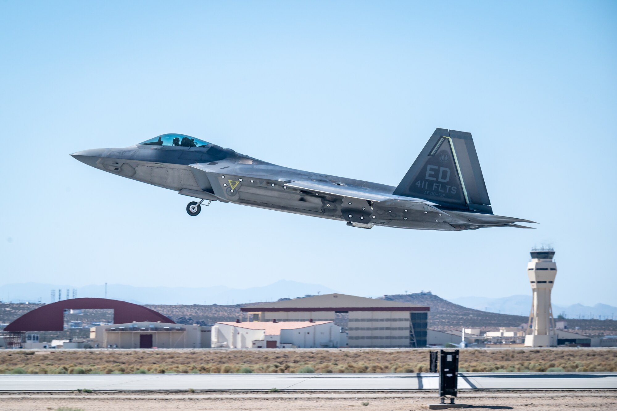 An F-22 Raptor from the 411th Flight Test Squadron, 412th Test Wing, takes off from Edwards Air Force Base, California, to conduct a flyover to kick off the 2022 MLB All-Star Game at Dodger Stadium in Los Angeles, July 19. (Air Force photo by Giancarlo Casem)