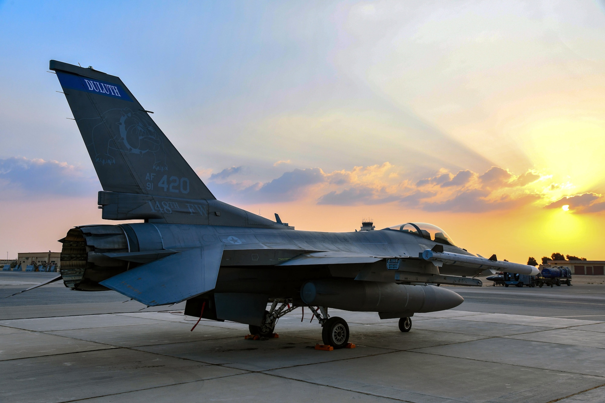 An F-16 Fighting Falcon from the 179th Expeditionary Fighter Squadron, 378th Air Expeditionary Wing, Prince Sultan Air Base, Saudi Arabia, rests on the ramp