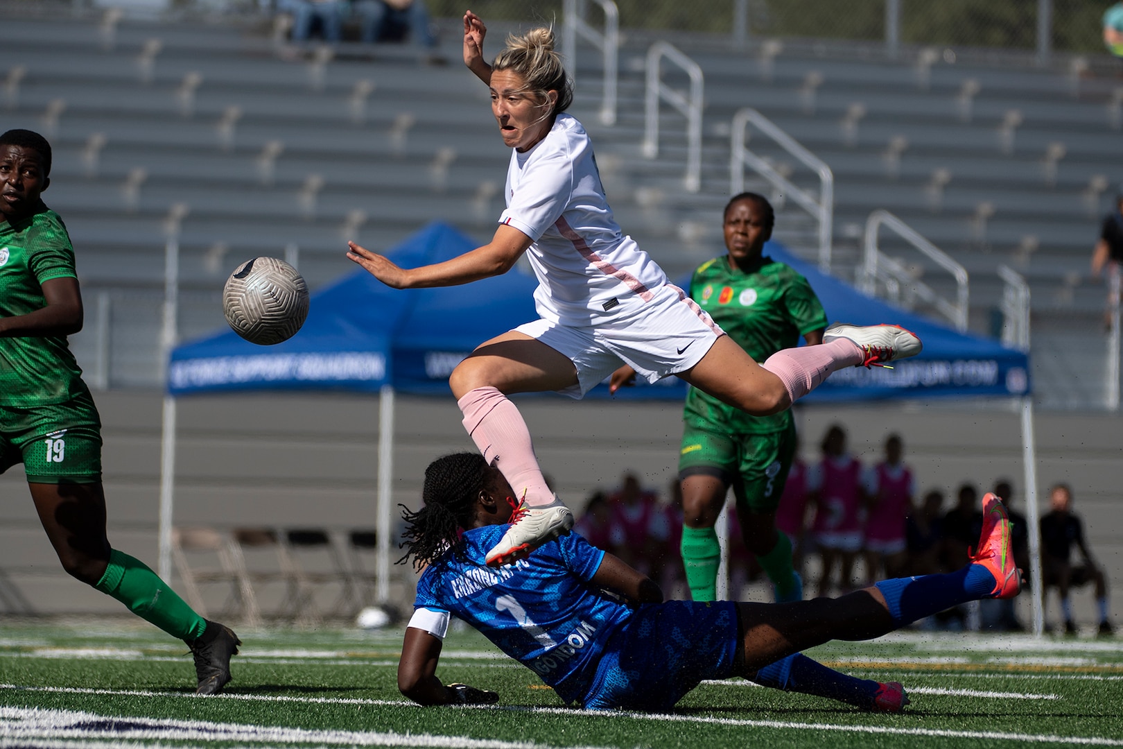 France’s Sarah Palacin makes a goal attempt during the gold medal round with Cameroon in the the 13th CISM (International Military Sports Council) World Military Women’s Football Championship in Meade, Washington July 22, 2022. (DoD photo by EJ Hersom)