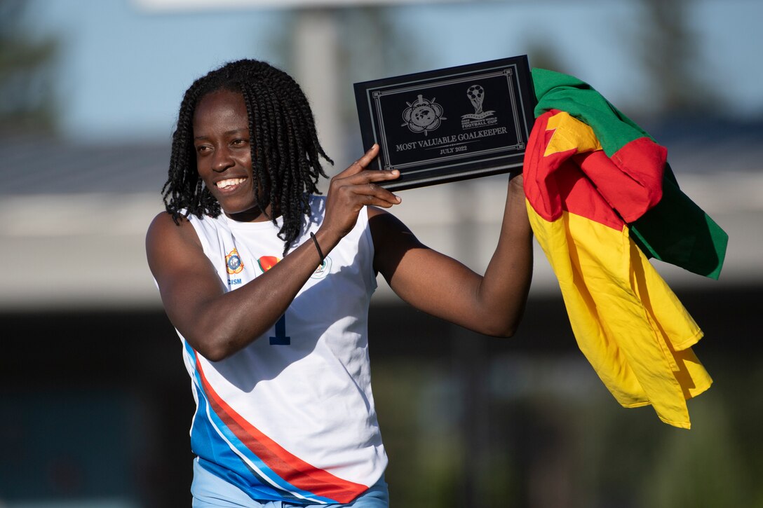 Cameroon’s Annette Flore NGO NDOM reacts to being awarded the Most Valuable Goal Keeper Award in the 13th CISM (International Military Sports Council) World Military Women’s Football Championship in Meade, Washington July 22, 2022. (DoD photo by EJ Hersom)