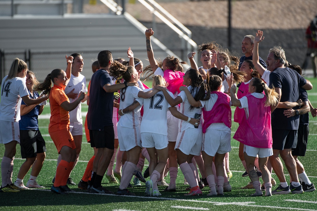 Team France celebrates winning gold in the 13th CISM (International Military Sports Council) World Military Women’s Football Championship in Meade, Washington July 22, 2022. (DoD photo by EJ Hersom)