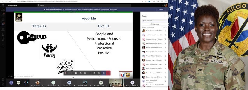 Army Col. Crystal Hills, the commander of the 405th Army Field Support Brigade, held a brigade town hall, July 22. During the town hall, which was done virtually using a video teleconference system, Hills discussed in great detail performance, professionalism, pro-activeness and positivity. A screenshot of the 405th Army Field Support Brigade’s virtual town hall July 22 depicts Hills’ personal three Fs – faith, family and fun – and her five Ps – people, performance focused, professionalism, proactive and positive.