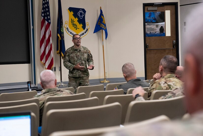 U. S. Air Force Sr. Master Sgt. Timothy Whalon, National Guard Bureau senior manpower analyst, goes over a few points in a briefing for the Site Activation Task Force held at the 193rd Special Operations Wing, Middletown, Pennsylvania July 13, 2022. The 193rd hosted a three-day NGB lead SATAF meeting’s intent is to wing’s transformation from different perspectives to include personnel, training and infrastructure for their future mission set.